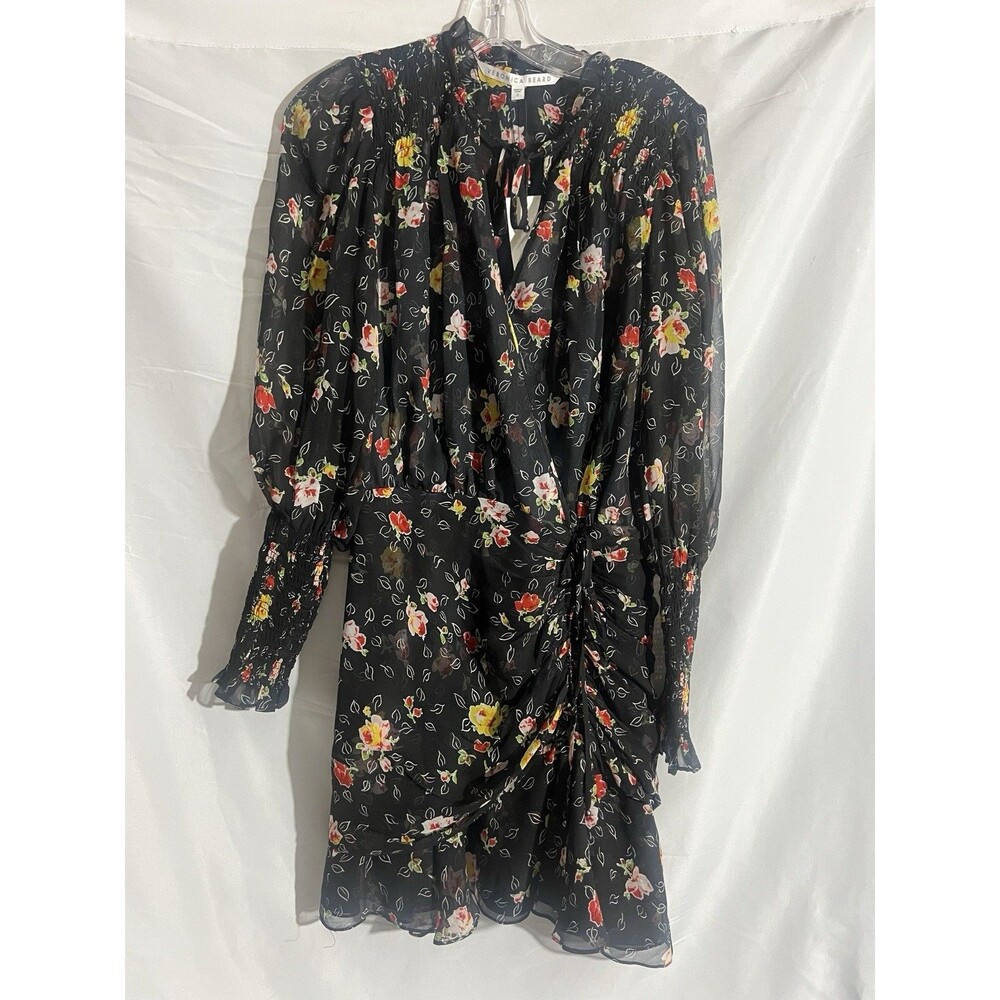 VERONICA BEARD Dress Woman's 2 Black Floral Print Armeria Ruched Smocked